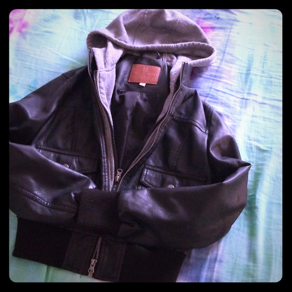 Faux leather jacket with sweater hoodie
